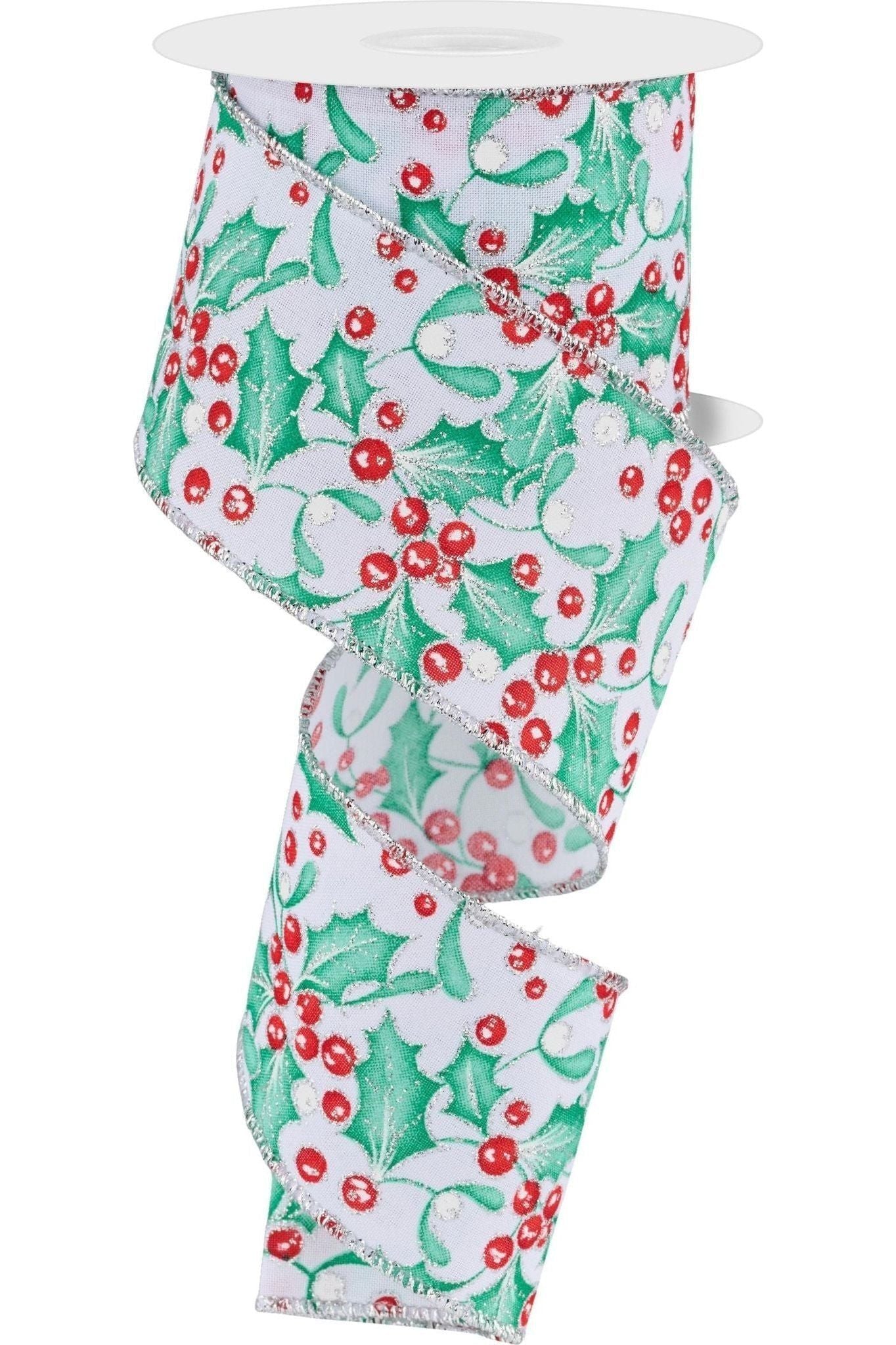 Shop For 2.5" Holly Berry Mistletoe Ribbon: White/Mint (10 Yards) at Michelle's aDOORable Creations