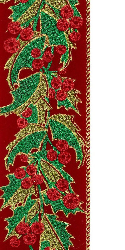 2.5" Holly Leaves Glitter Velvet Ribbon: Wine (10 Yards) - Michelle's aDOORable Creations - Wired Edge Ribbon