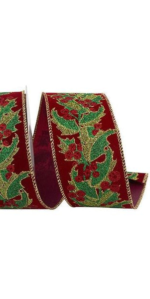 2.5" Holly Leaves Glitter Velvet Ribbon: Wine (10 Yards) - Michelle's aDOORable Creations - Wired Edge Ribbon