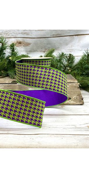 2.5" Houndstooth Ribbon: Lime/Purple (10 Yards) - Michelle's aDOORable Creations - Wired Edge Ribbon