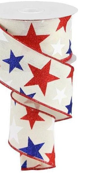 2.5" Ivory Cotton Ribbon: Patriotic Stars (10 Yards) - Michelle's aDOORable Creations - Wired Edge Ribbon