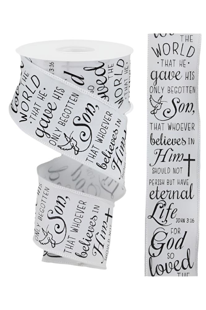 2.5" John 3:16 Royal Ribbon: White & Black (10 Yards) - Michelle's aDOORable Creations - Wired Edge Ribbon