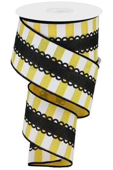 2.5" Lace On Horizontal Stripe Ribbon: Black, Yellow, White (10 Yards) - Michelle's aDOORable Creations - Wired Edge Ribbon