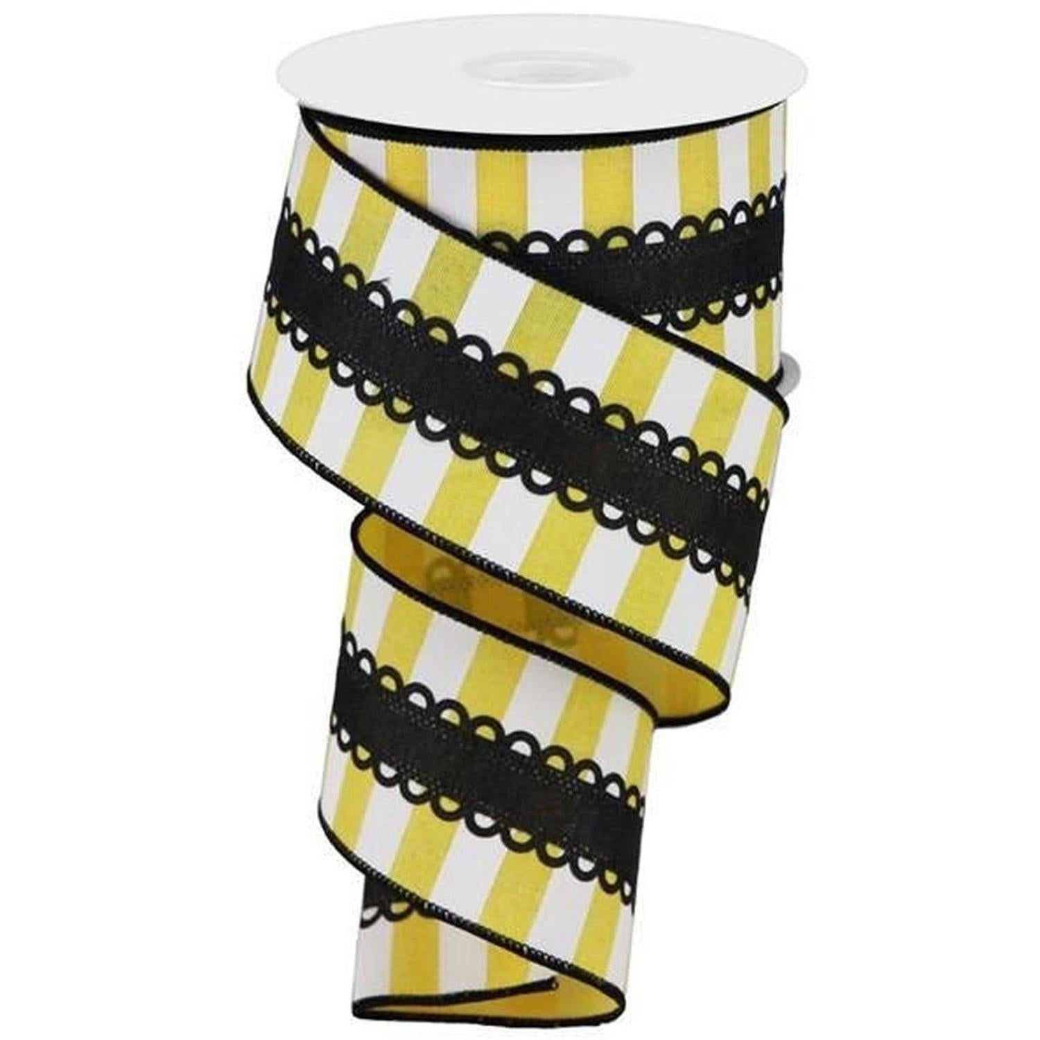 Shop For 2.5" Lace On Horizontal Stripe Ribbon: Black, Yellow, White (10 Yards) at Michelle's aDOORable Creations