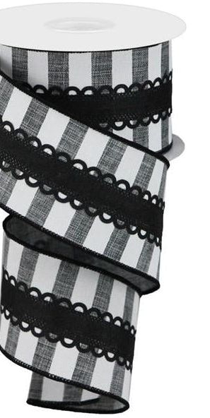 2.5" Lace On Horizontal Stripe Ribbon: Black/White (10 Yards) - Michelle's aDOORable Creations - Wired Edge Ribbon