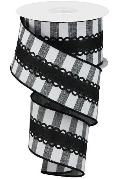2.5" Lace On Horizontal Stripe Ribbon: Black/White (10 Yards) - Michelle's aDOORable Creations - Wired Edge Ribbon