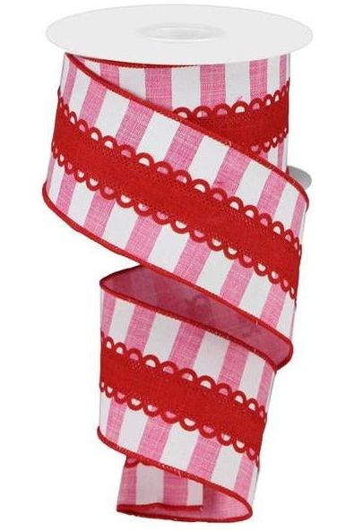 2.5" Lace On Horizontal Stripe Ribbon: Pink/White (10 Yards) - Michelle's aDOORable Creations - Wired Edge Ribbon