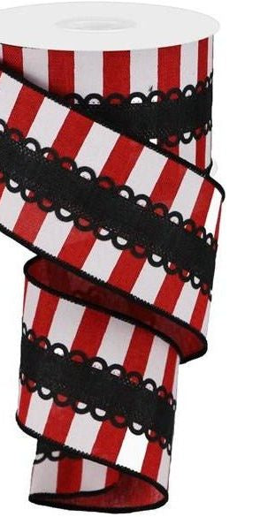 2.5" Lace On Horizontal Stripe Ribbon: Red/White (10 Yards) - Michelle's aDOORable Creations - Wired Edge Ribbon
