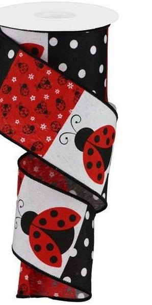 2.5" Ladybug Block Ribbon (10 Yards) - Michelle's aDOORable Creations - Wired Edge Ribbon