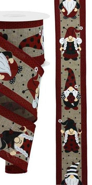 2.5" Ladybug Gnome Ribbon: Light Beige (10 Yards) - Michelle's aDOORable Creations - Wired Edge Ribbon