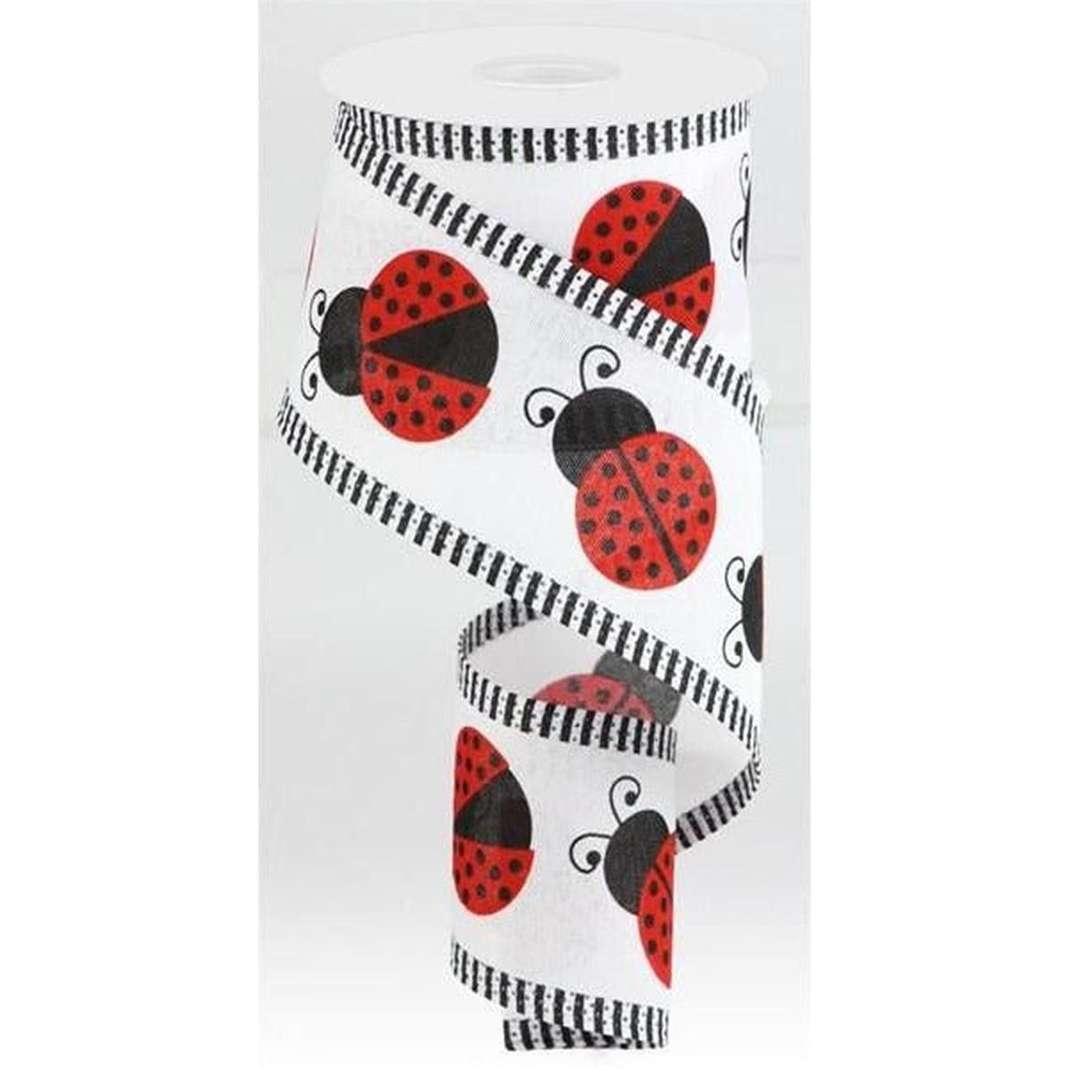2.5" Ladybug Thin Stripe Ribbon: White (10 Yards)