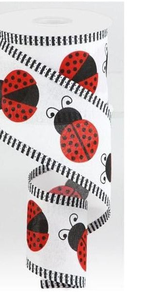 2.5" Ladybug Thin Stripe Ribbon: White (10 Yards) - Michelle's aDOORable Creations - Wired Edge Ribbon