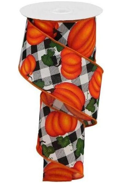 Shop For 2.5" Leaves Pumpkin on Check Ribbon: Cream (10 Yards) at Michelle's aDOORable Creations