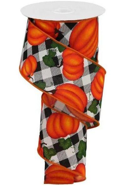 Shop For 2.5" Leaves Pumpkin on Check Ribbon: Cream (10 Yards) at Michelle's aDOORable Creations