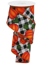 Shop For 2.5" Leaves Pumpkin on Check Ribbon: White (10 Yards) RGB123627