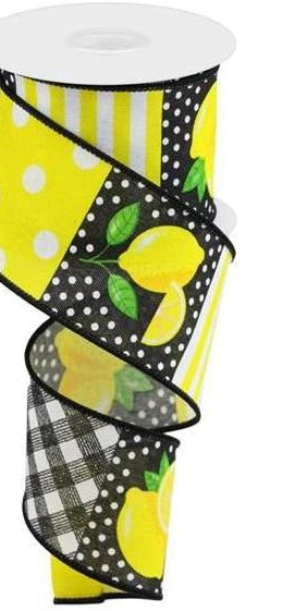 2.5" Lemon Block Ribbon: Black & White (10 Yards) - Michelle's aDOORable Creations - Wired Edge Ribbon