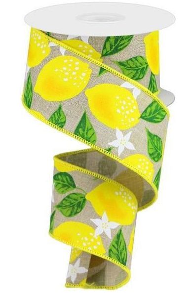2.5" Lemon On Royal Ribbon: Natural (10 Yards) - Michelle's aDOORable Creations - Wired Edge Ribbon