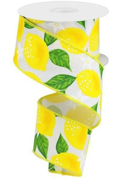 2.5" Lemon On Royal Ribbon: White (10 Yards) - Michelle's aDOORable Creations - Wired Edge Ribbon