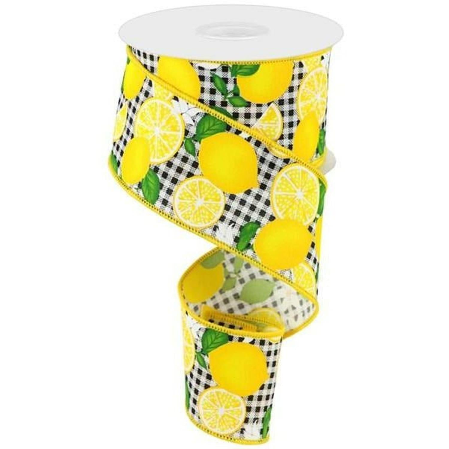 2.5" Lemon with Leaves Check Ribbon: Black & White (10 Yards)