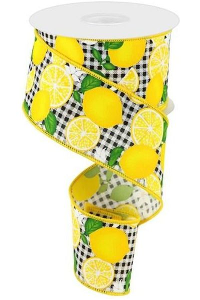 2.5" Lemon with Leaves Check Ribbon: Black & White (10 Yards) - Michelle's aDOORable Creations - Wired Edge Ribbon