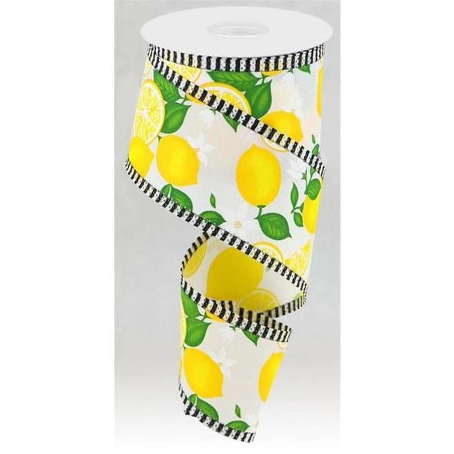 2.5" Lemon with Leaves Thin Stripes Ribbon: White (10 Yards)