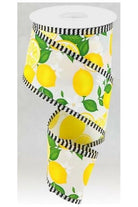 2.5" Lemon with Leaves Thin Stripes Ribbon: White (10 Yards) - Michelle's aDOORable Creations - Wired Edge Ribbon
