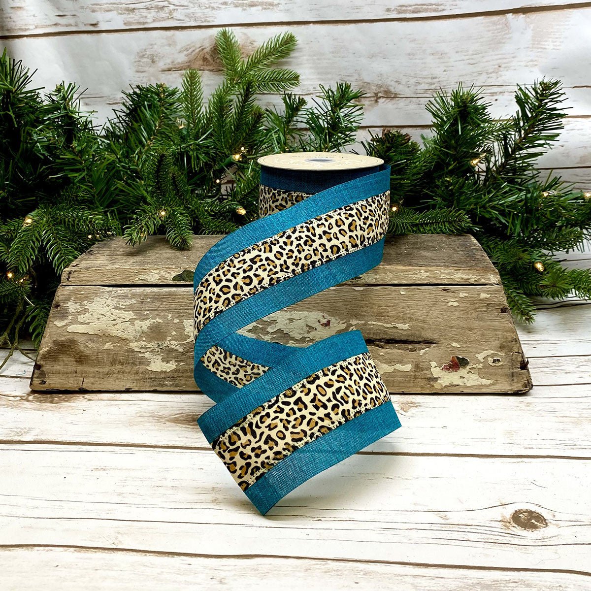 2.5" Leopard Center Ribbon: Teal (10 Yards) - Michelle's aDOORable Creations - Wired Edge Ribbon