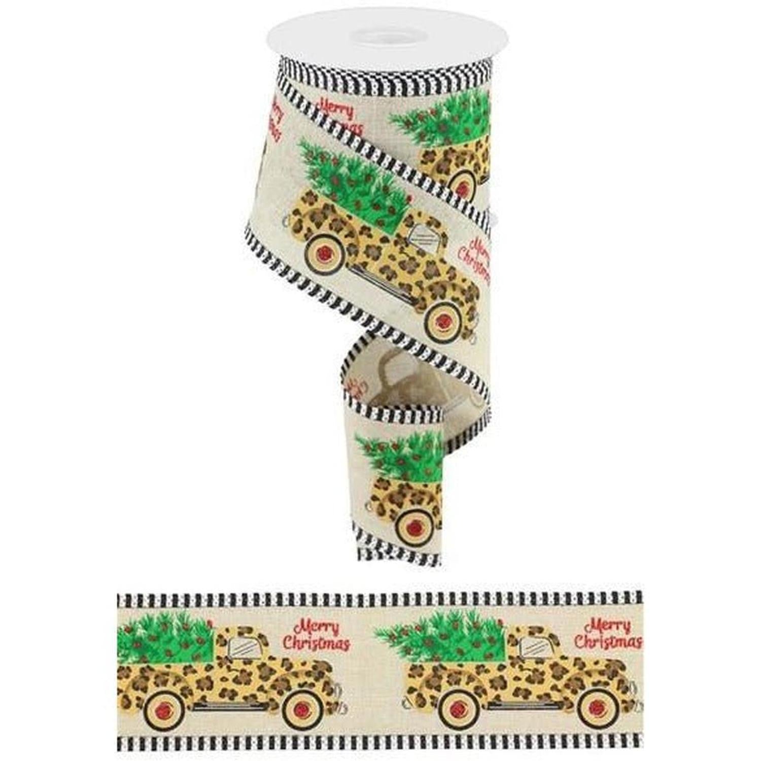 2.5" Leopard Merry Christmas Ribbon: Natural (10 Yards)