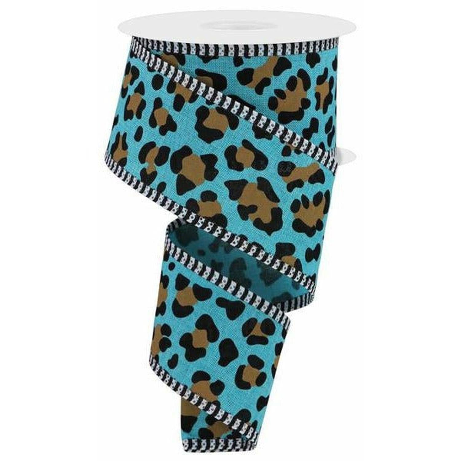 2.5" Leopard Print Thin Stripe Ribbon: Light Teal (10 Yards)