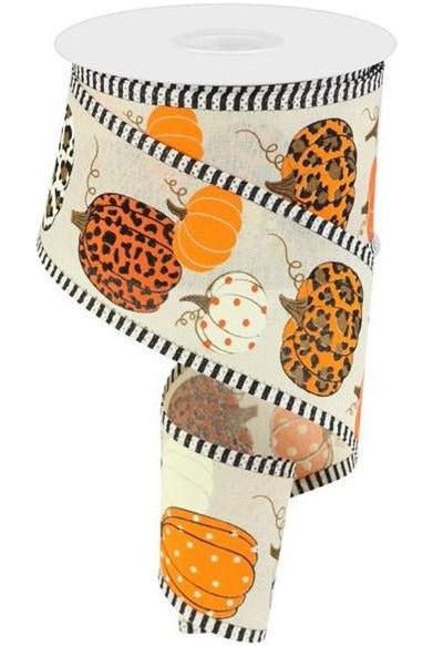 2.5" Leopard Pumpkins Stripe Edge: Cream/Orange (10 Yards) - Michelle's aDOORable Creations - Wired Edge Ribbon