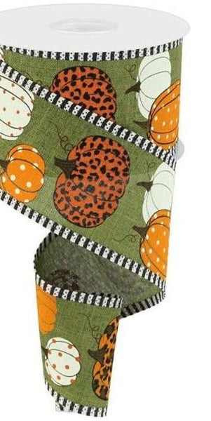 2.5" Leopard Pumpkins Stripe Edge: Moss Green (10 Yards) - Michelle's aDOORable Creations - Wired Edge Ribbon