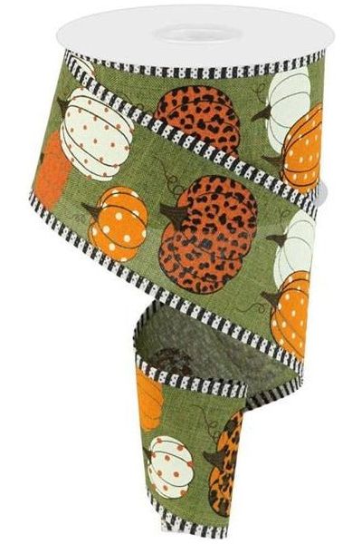 2.5" Leopard Pumpkins Stripe Edge: Moss Green (10 Yards) - Michelle's aDOORable Creations - Wired Edge Ribbon