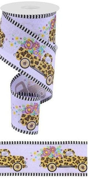 2.5" Leopard Truck Flower Stripe Ribbon: Lavender (10 Yards) - Michelle's aDOORable Creations - Wired Edge Ribbon