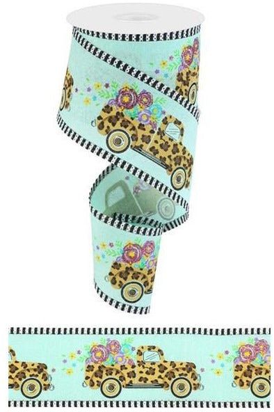 2.5" Leopard Truck Flower Stripe Ribbon: Mint Green (10 Yards) - Michelle's aDOORable Creations - Wired Edge Ribbon