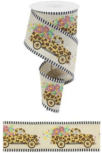 Shop For 2.5" Leopard Truck Flower Stripe Ribbon: Natural (10 Yards) at Michelle's aDOORable Creations