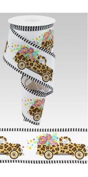 2.5" Leopard Truck Flower Stripe Ribbon: White (10 Yards) - Michelle's aDOORable Creations - Wired Edge Ribbon