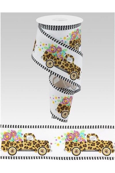 2.5" Leopard Truck Flower Stripe Ribbon: White (10 Yards) - Michelle's aDOORable Creations - Wired Edge Ribbon
