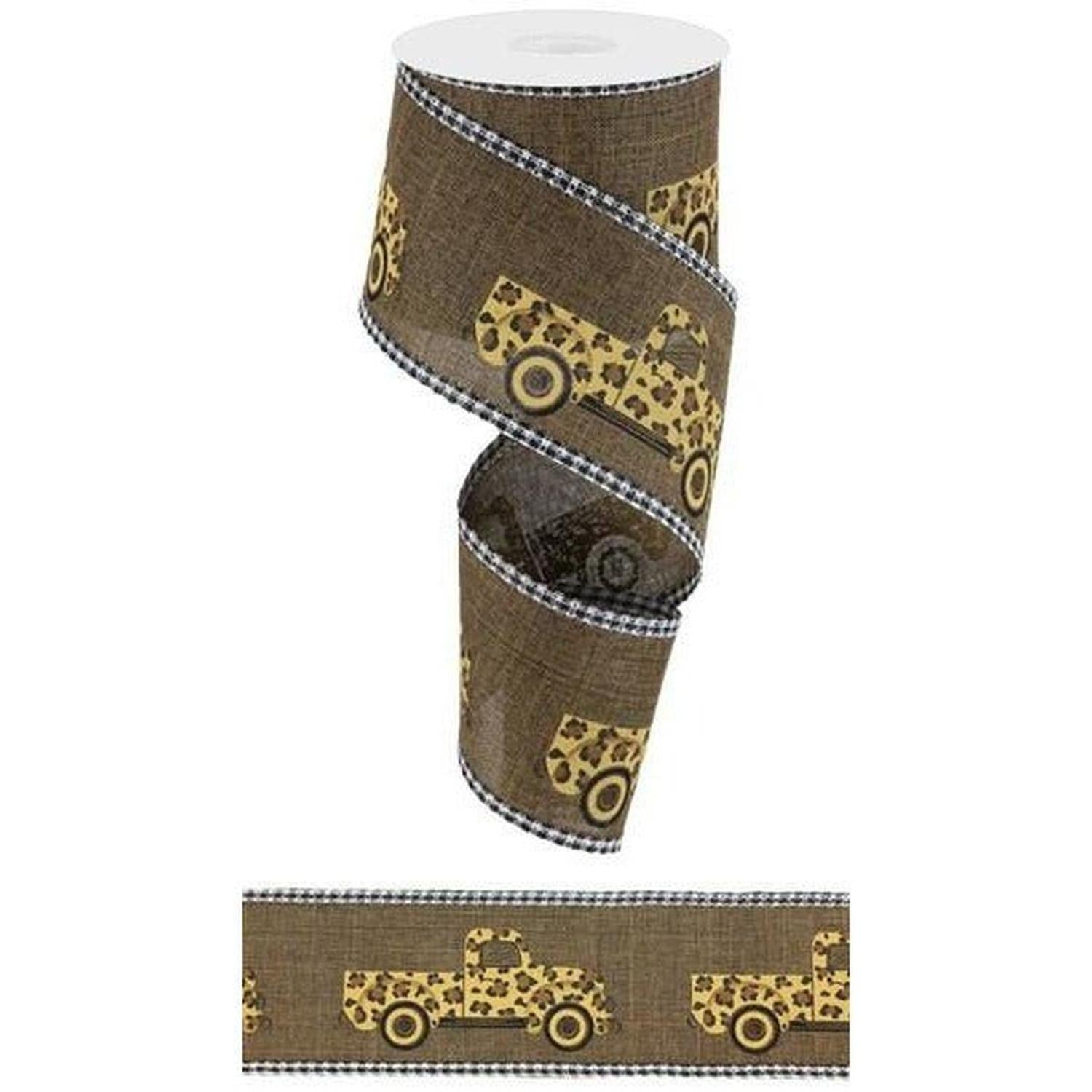2.5" Leopard Truck Gingham Edge Ribbon: Brown (10 Yards)