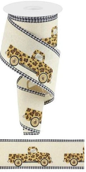2.5" Leopard Truck Gingham Edge Ribbon: Cream (10 Yards) - Michelle's aDOORable Creations - Wired Edge Ribbon