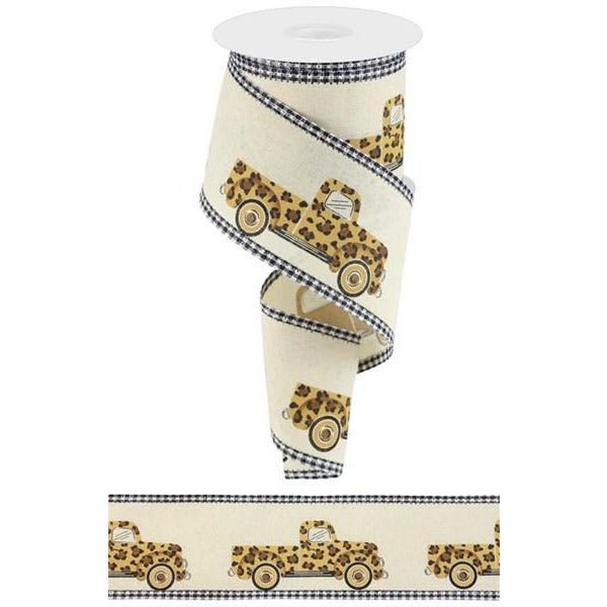 Shop For 2.5" Leopard Truck Gingham Edge Ribbon: Cream (10 Yards) at Michelle's aDOORable Creations