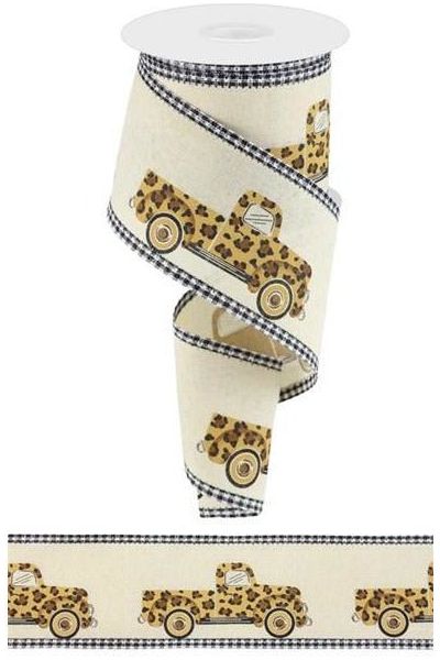 2.5" Leopard Truck Gingham Edge Ribbon: Cream (10 Yards) - Michelle's aDOORable Creations - Wired Edge Ribbon