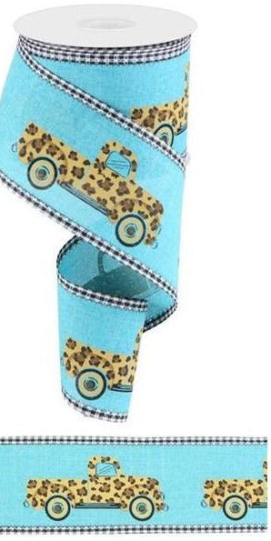 2.5" Leopard Truck Gingham Edge Ribbon: Teal (10 Yards) - Michelle's aDOORable Creations - Wired Edge Ribbon