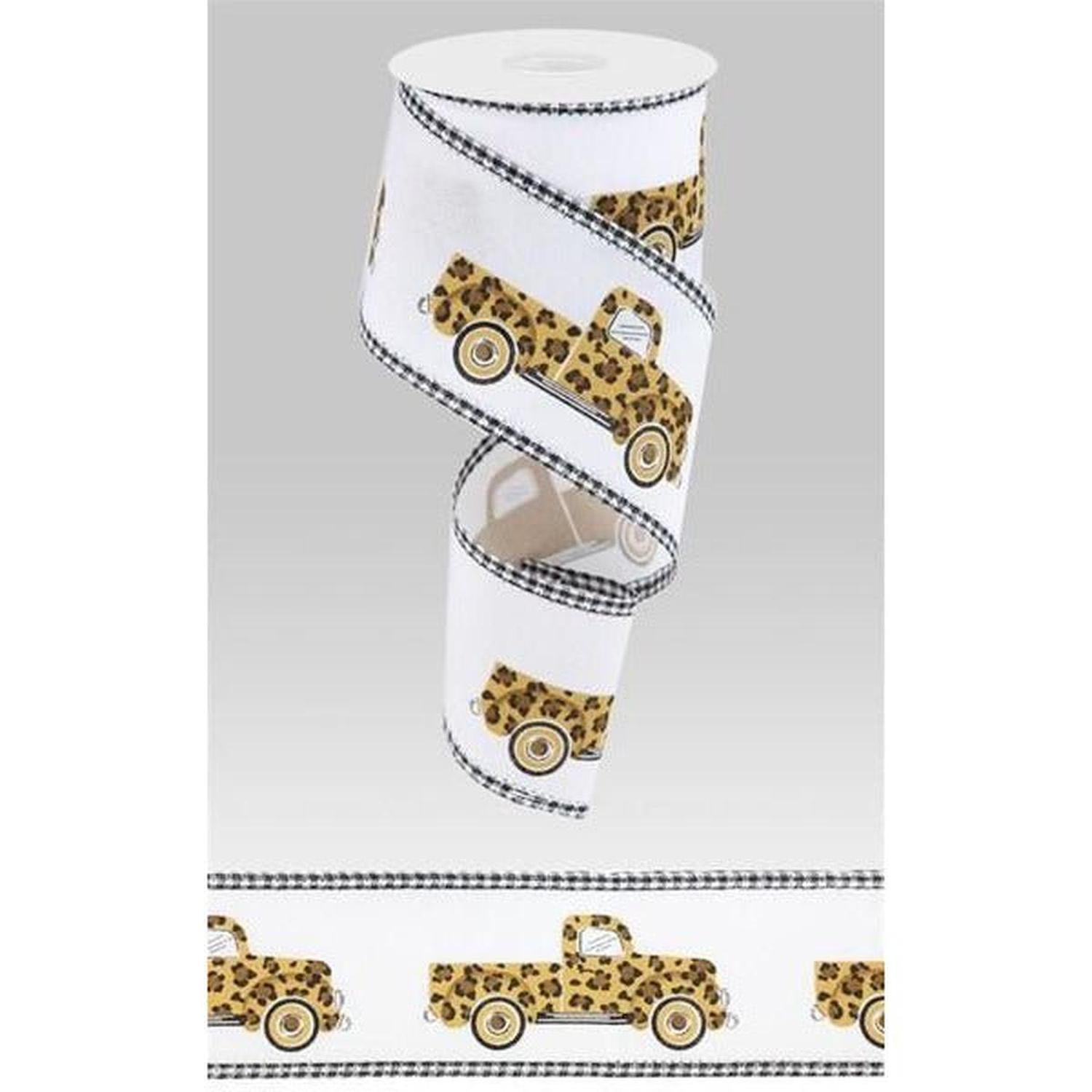 2.5" Leopard Truck Gingham Edge Ribbon: White (10 Yards)