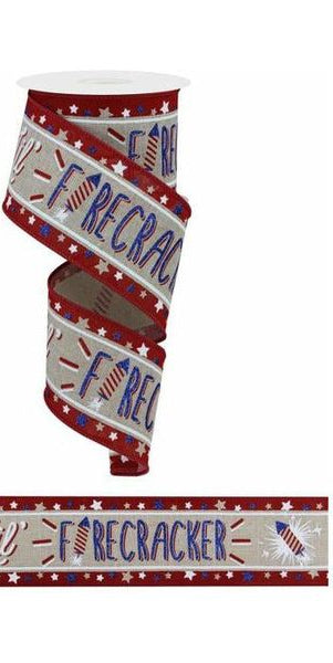 2.5" Lil Firecracker Patriotic Ribbon: Natural (10 Yards) - Michelle's aDOORable Creations - Wired Edge Ribbon