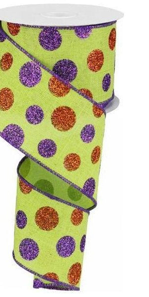 2.5" Lime Green Ribbon with Multi Glitter Dots - Michelle's aDOORable Creations - Wired Edge Ribbon