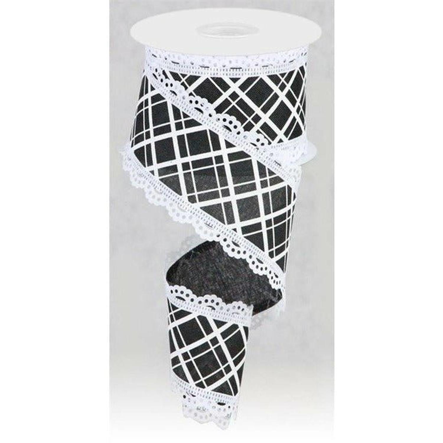 2.5" Line Check Lace Ribbon: Black/White (10 Yard)