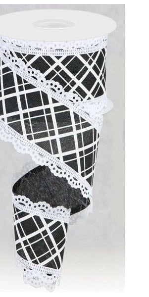 2.5" Line Check Lace Ribbon: Black/White (10 Yard) - Michelle's aDOORable Creations - Wired Edge Ribbon