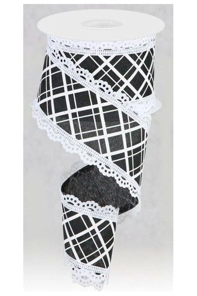 2.5" Line Check Lace Ribbon: Black/White (10 Yard) - Michelle's aDOORable Creations - Wired Edge Ribbon