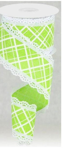 2.5" Line Check Lace Ribbon: Lime Green (10 Yard) - Michelle's aDOORable Creations - Wired Edge Ribbon