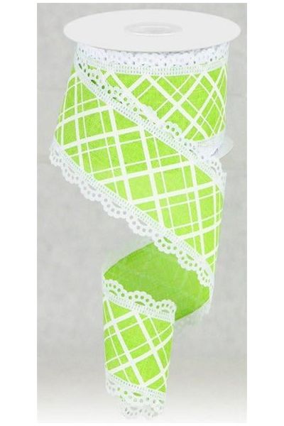 2.5" Line Check Lace Ribbon: Lime Green (10 Yard) - Michelle's aDOORable Creations - Wired Edge Ribbon